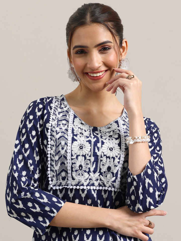 Blue Printed Cotton Straight Suit With Dupatta