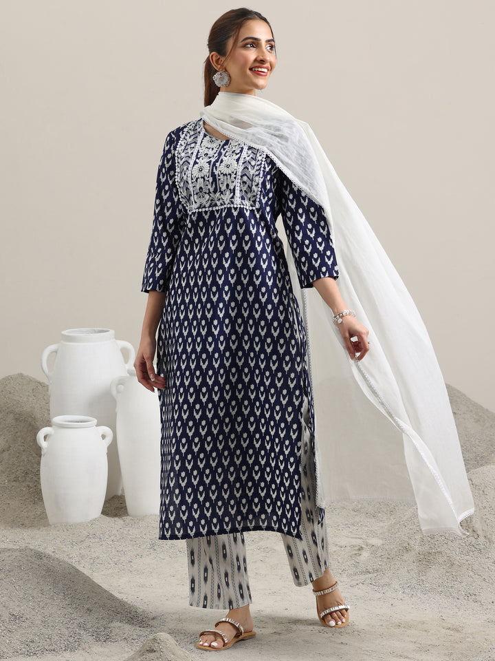 Blue Printed Cotton Straight Suit With Dupatta