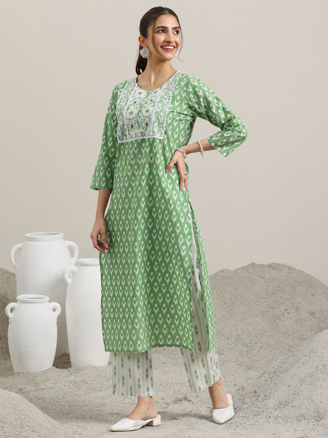 Green Printed Cotton Straight Suit With Dupatta