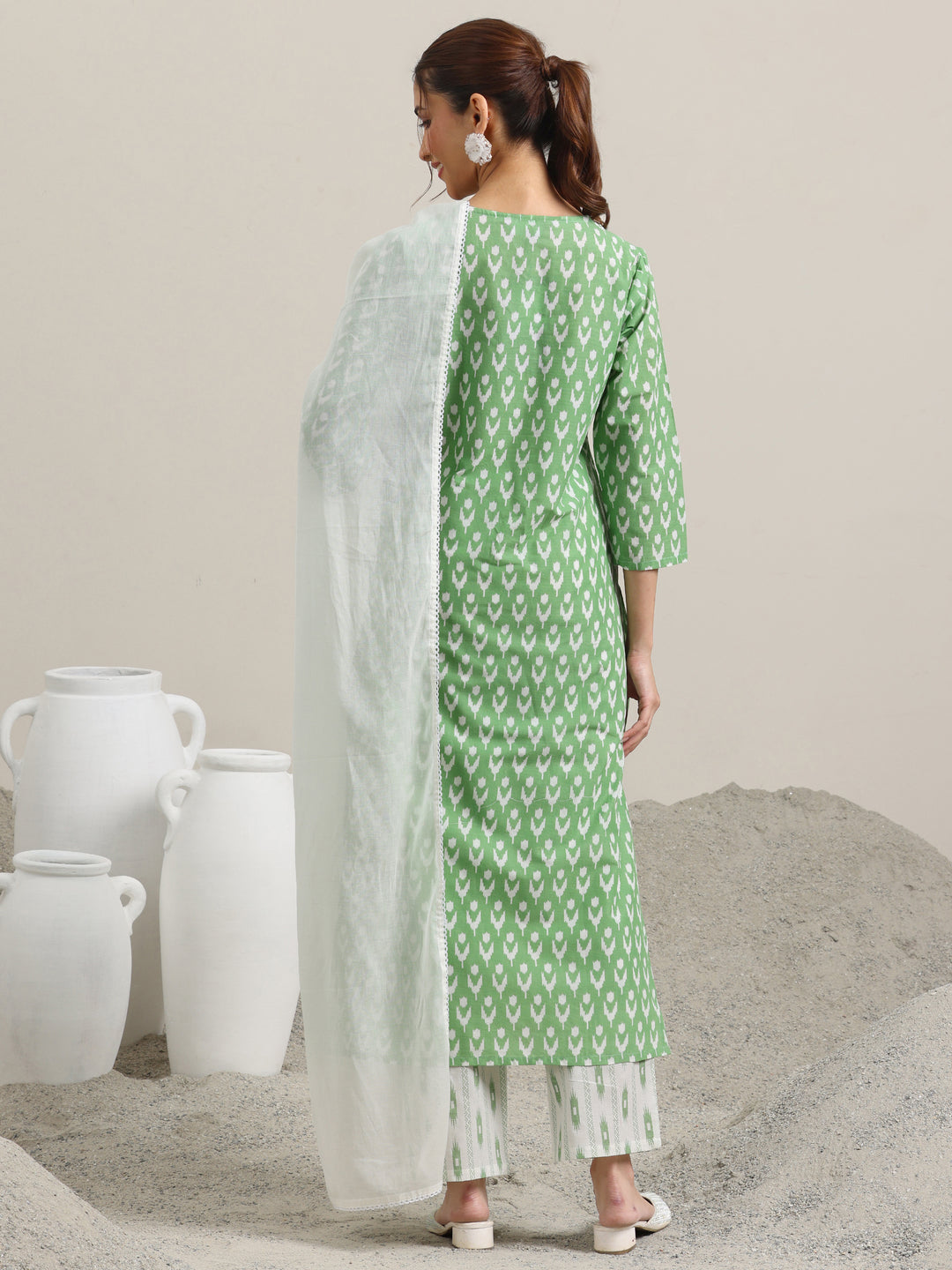 Green Printed Cotton Straight Suit With Dupatta