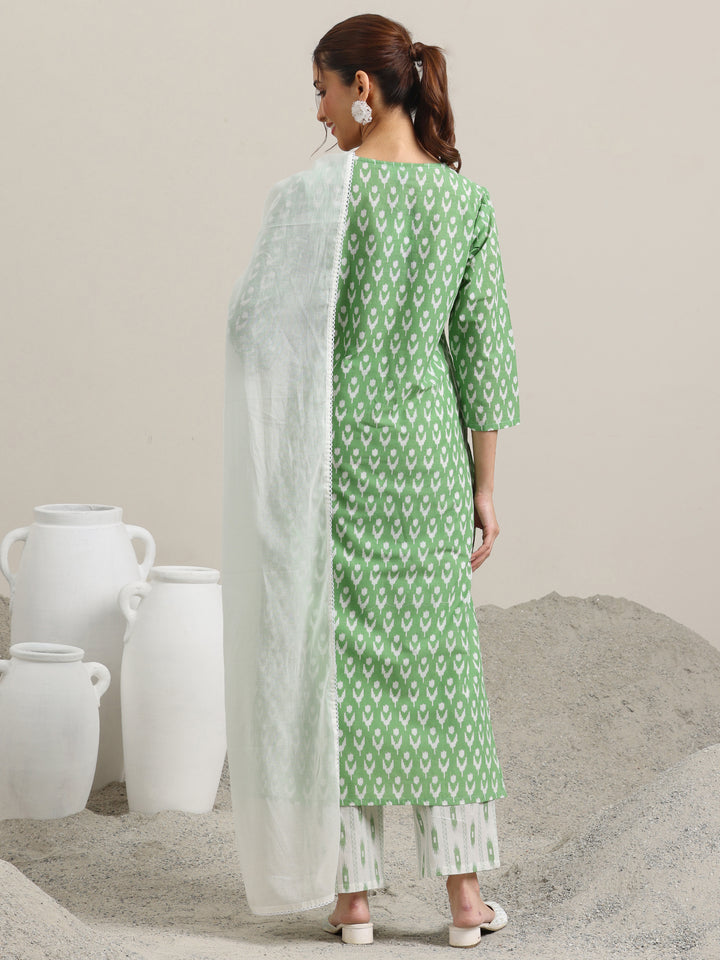 Green Printed Cotton Straight Suit With Dupatta