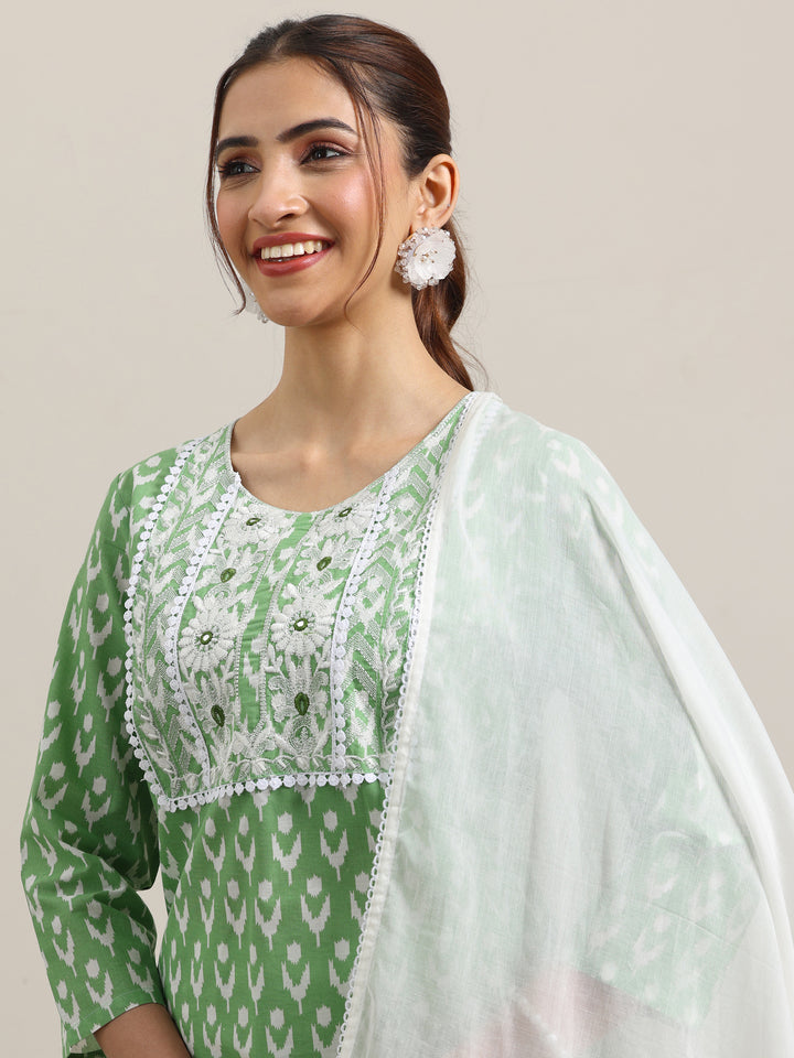 Green Printed Cotton Straight Suit With Dupatta