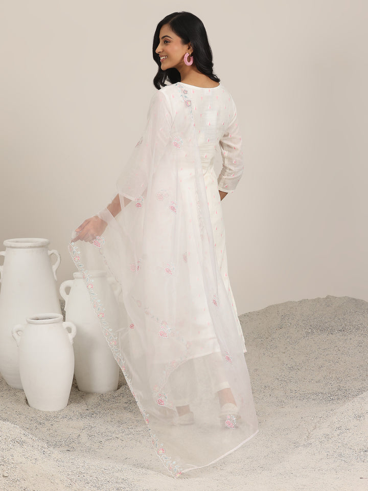 Off White Embroidered Cotton Straight Suit With Dupatta