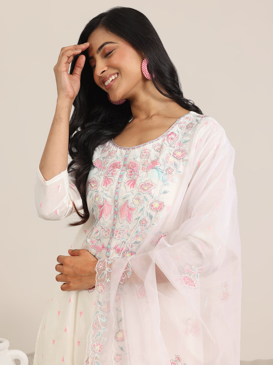 Off White Embroidered Cotton Straight Suit With Dupatta