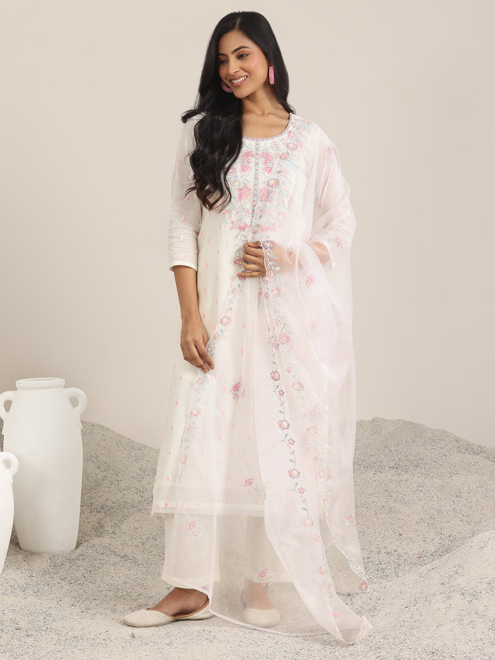 Off White Embroidered Cotton Straight Suit With Dupatta