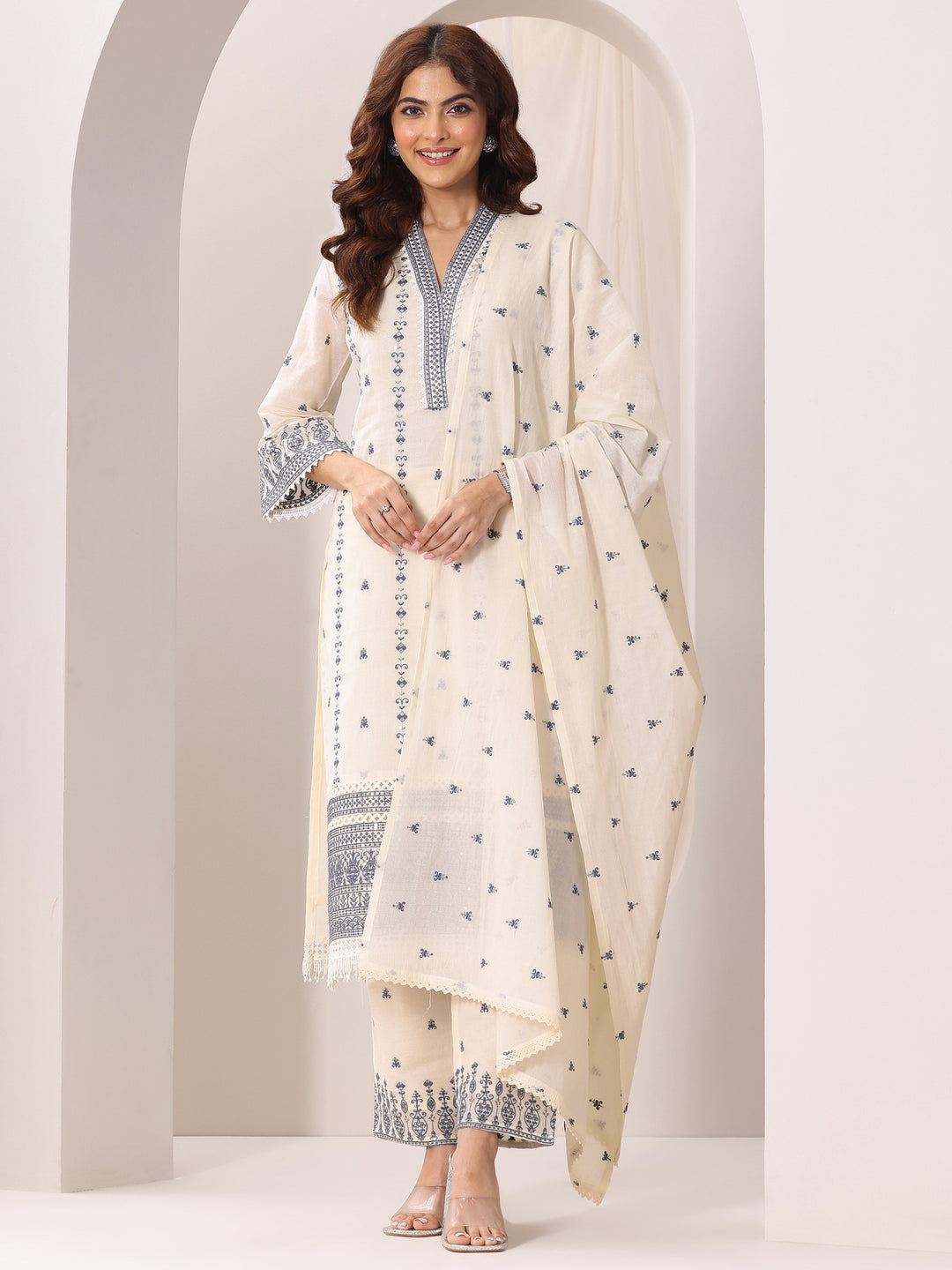 Off White Embroidered Cotton Straight Suit Set With Dupatta