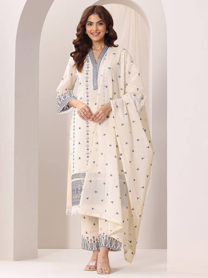Off White Embroidered Cotton Straight Suit Set With Dupatta
