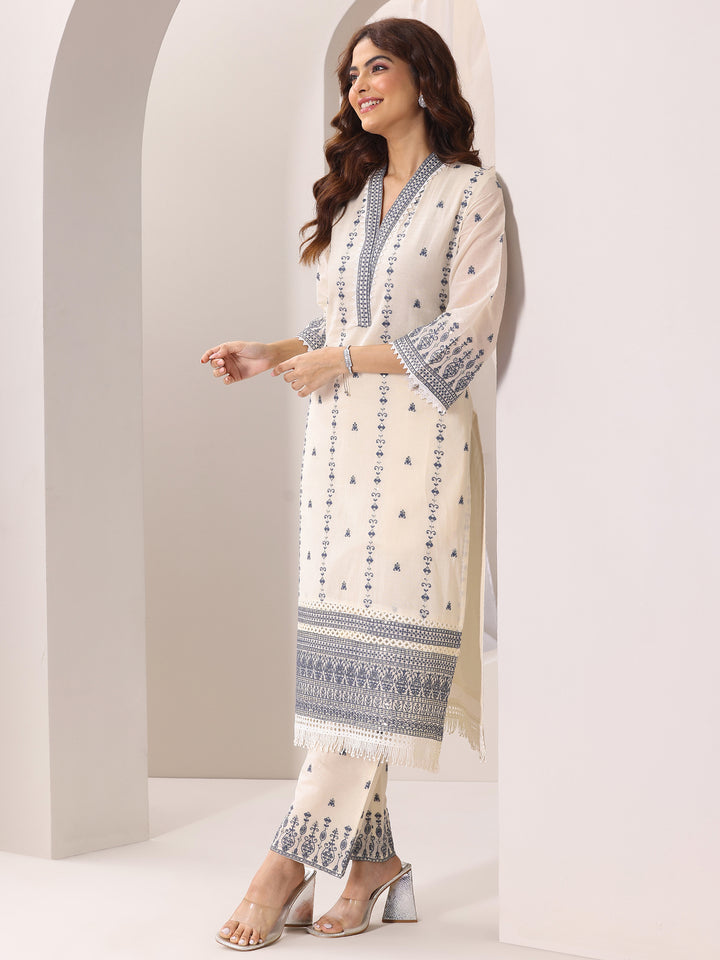 Off White Embroidered Cotton Straight Suit Set With Dupatta