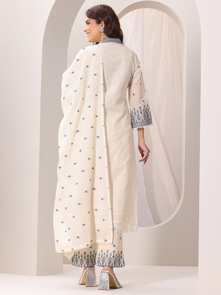 Off White Embroidered Cotton Straight Suit Set With Dupatta