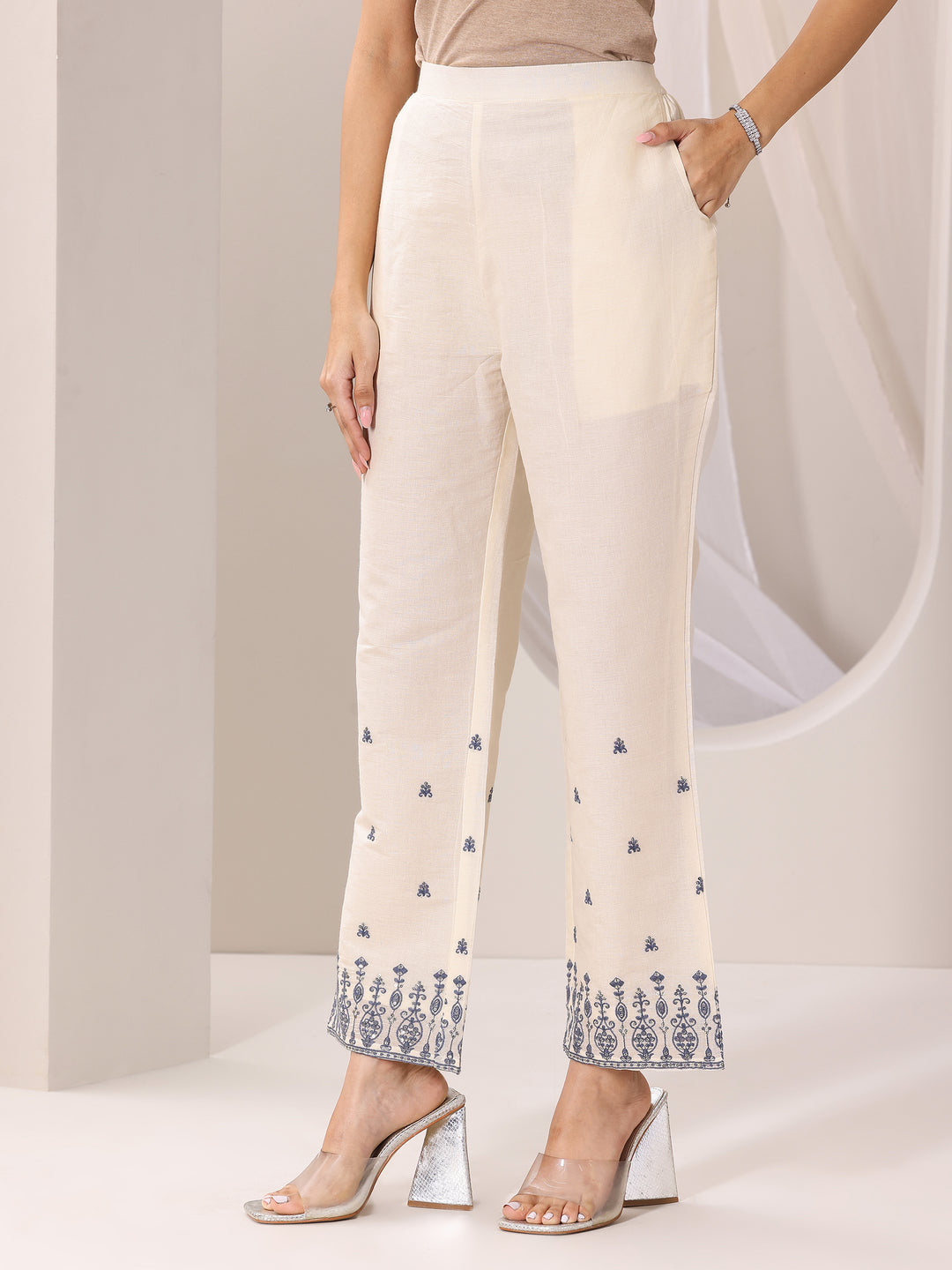 Off White Embroidered Cotton Straight Suit Set With Dupatta