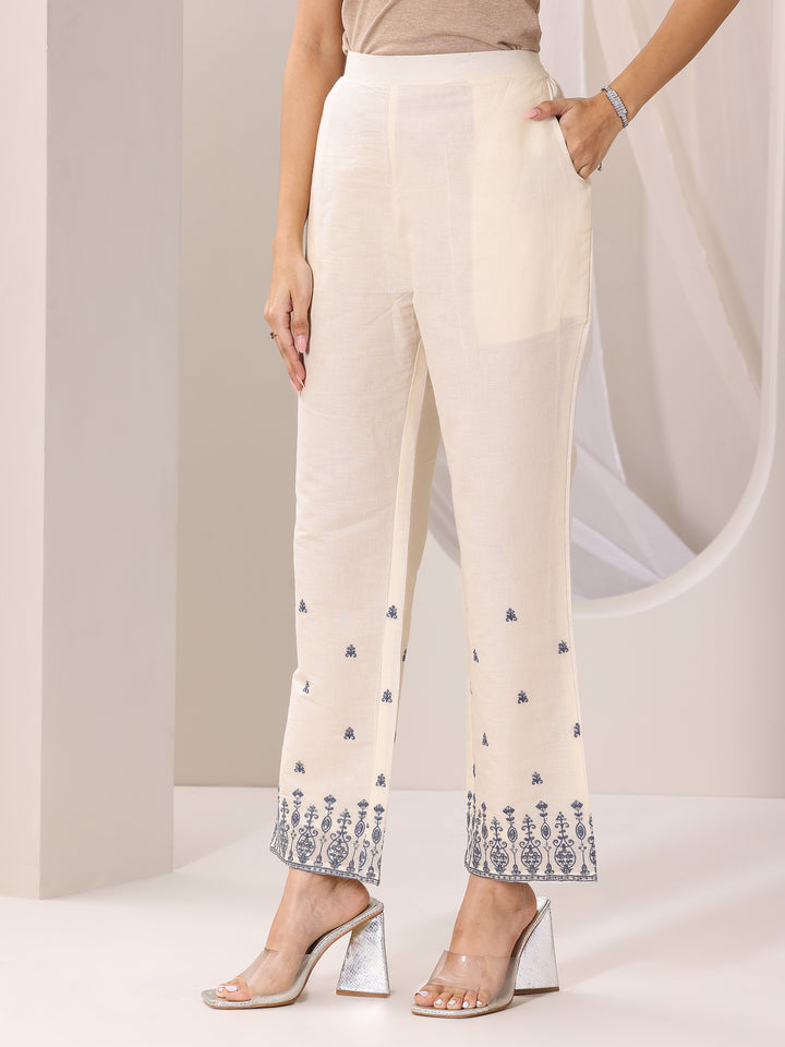 Off White Embroidered Cotton Straight Suit Set With Dupatta