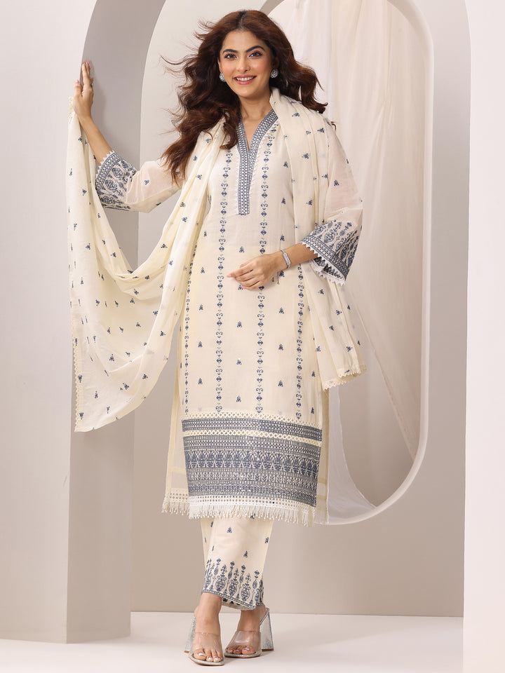 Off White Embroidered Cotton Straight Suit Set With Dupatta