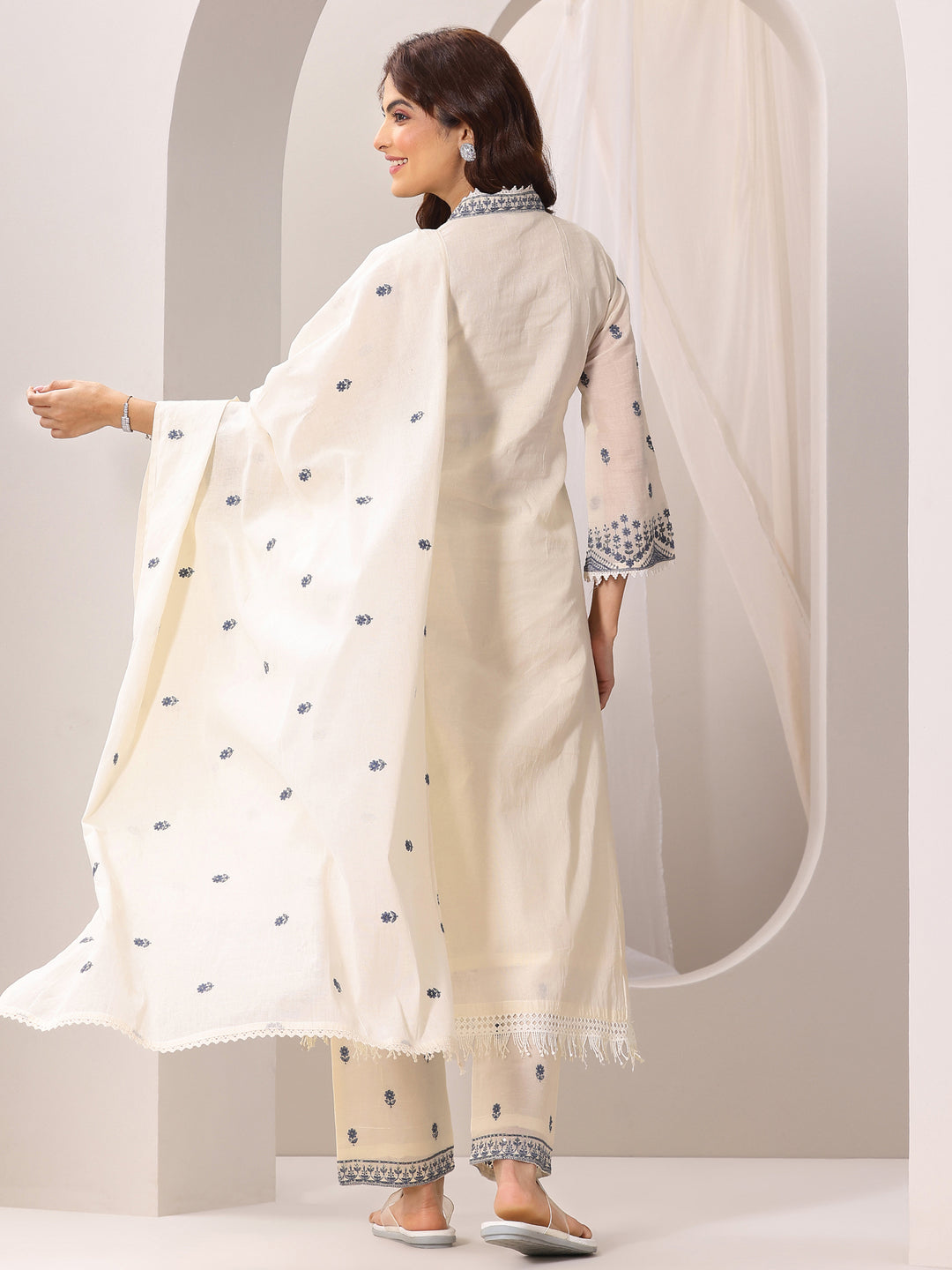 Off White Embroidered Cotton Straight Suit Set With Dupatta