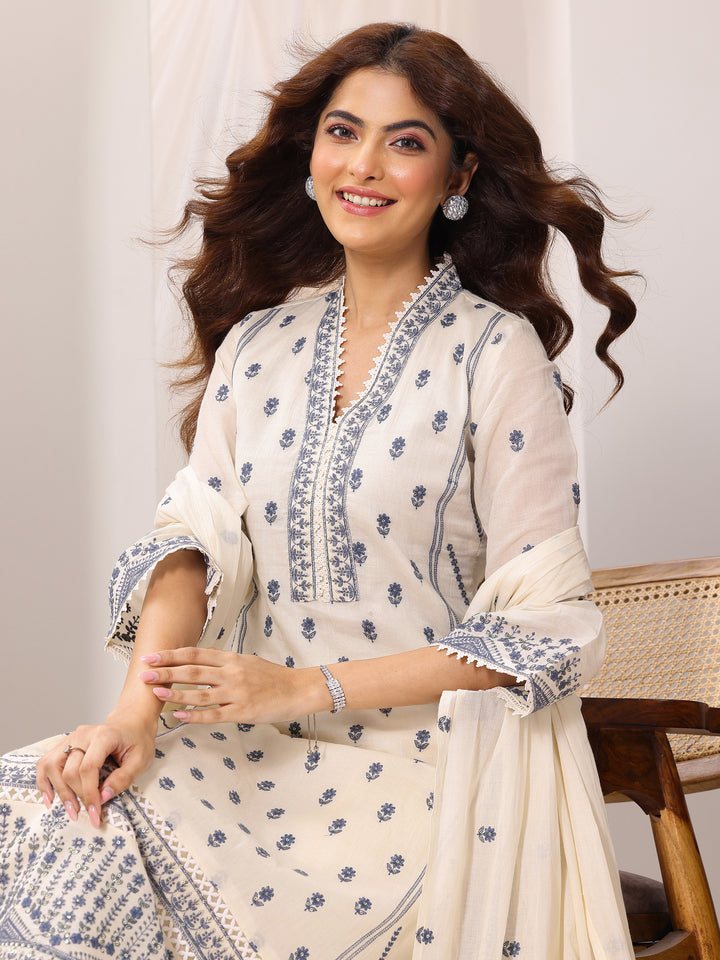 Off White Embroidered Cotton Straight Suit Set With Dupatta
