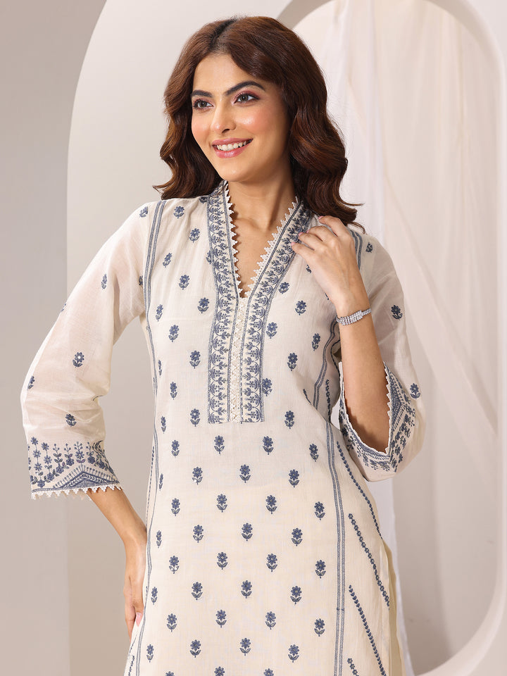 Off White Embroidered Cotton Straight Suit Set With Dupatta