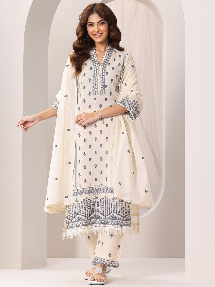 Off White Embroidered Cotton Straight Suit Set With Dupatta