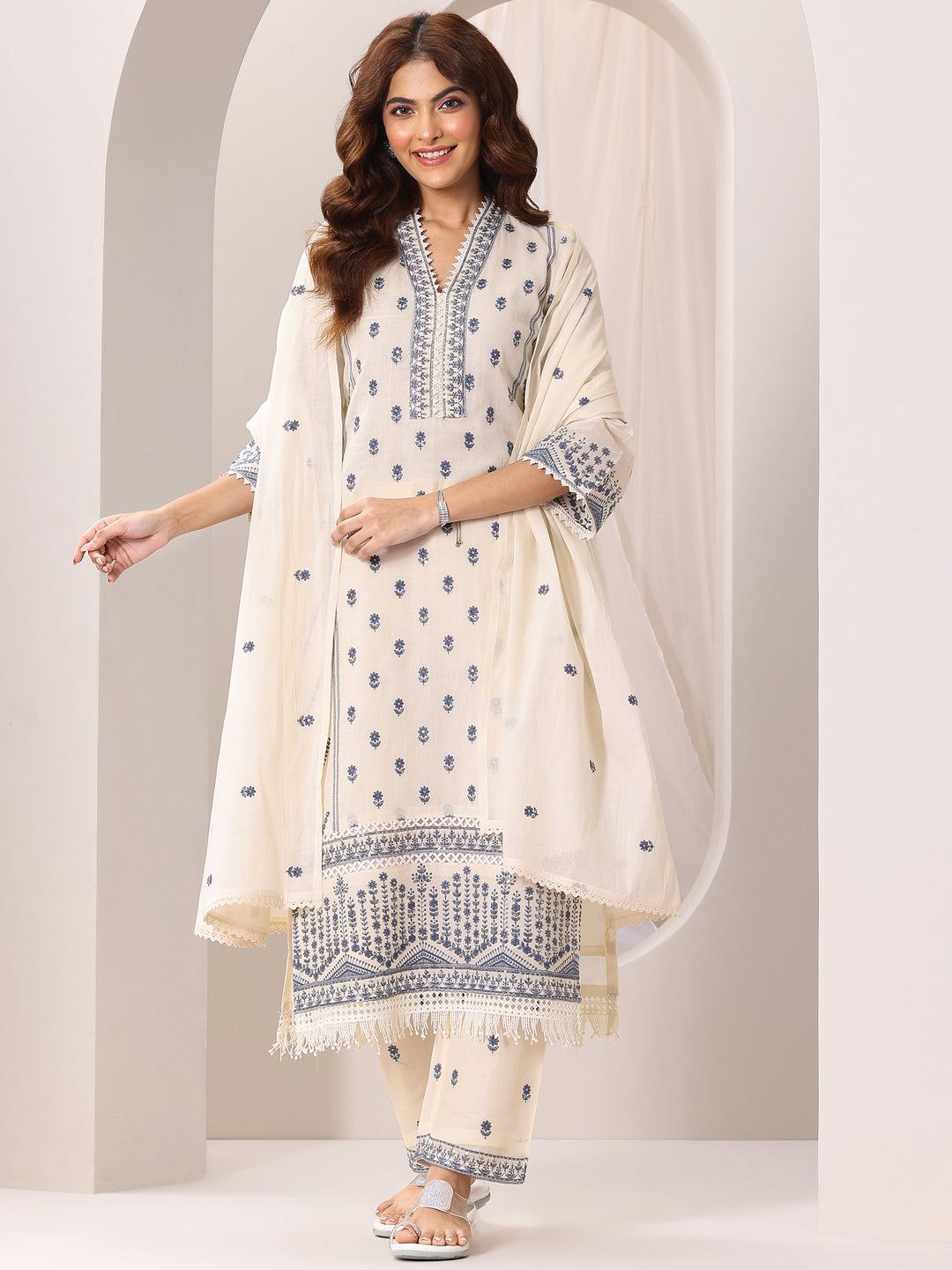 Off White Embroidered Cotton Straight Suit Set With Dupatta