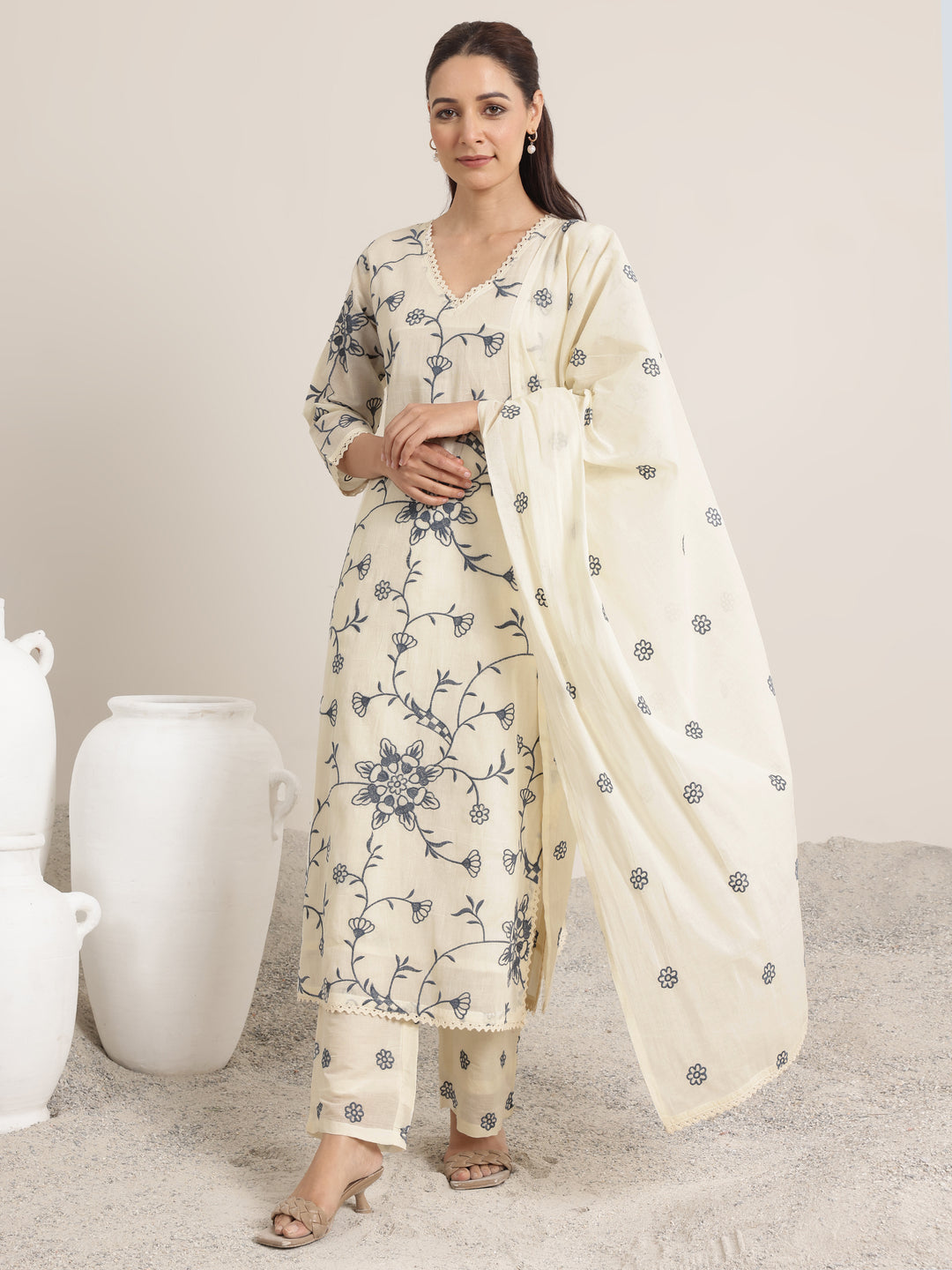 Off White Embroidered Cotton Straight Suit Set With Dupatta