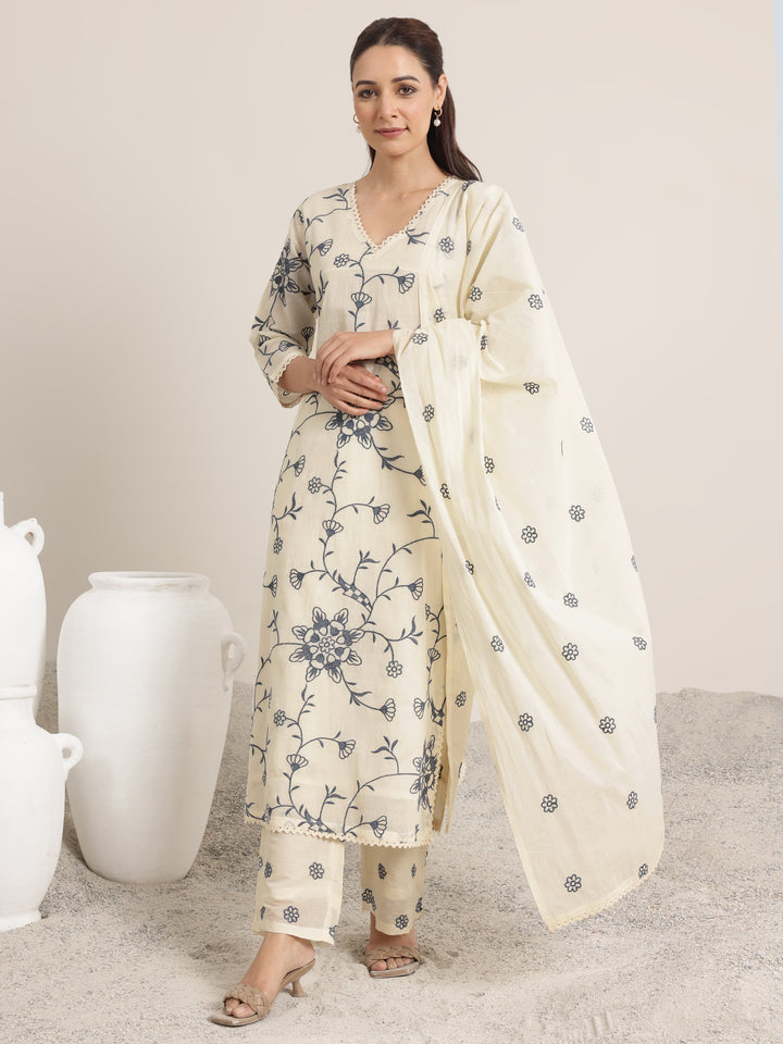 Off White Embroidered Cotton Straight Suit Set With Dupatta
