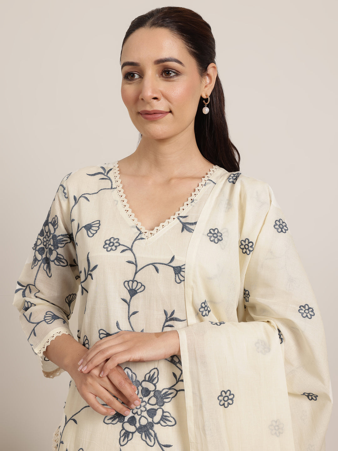 Off White Embroidered Cotton Straight Suit Set With Dupatta