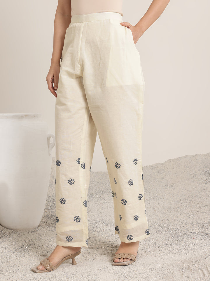 Off White Embroidered Cotton Straight Suit Set With Dupatta