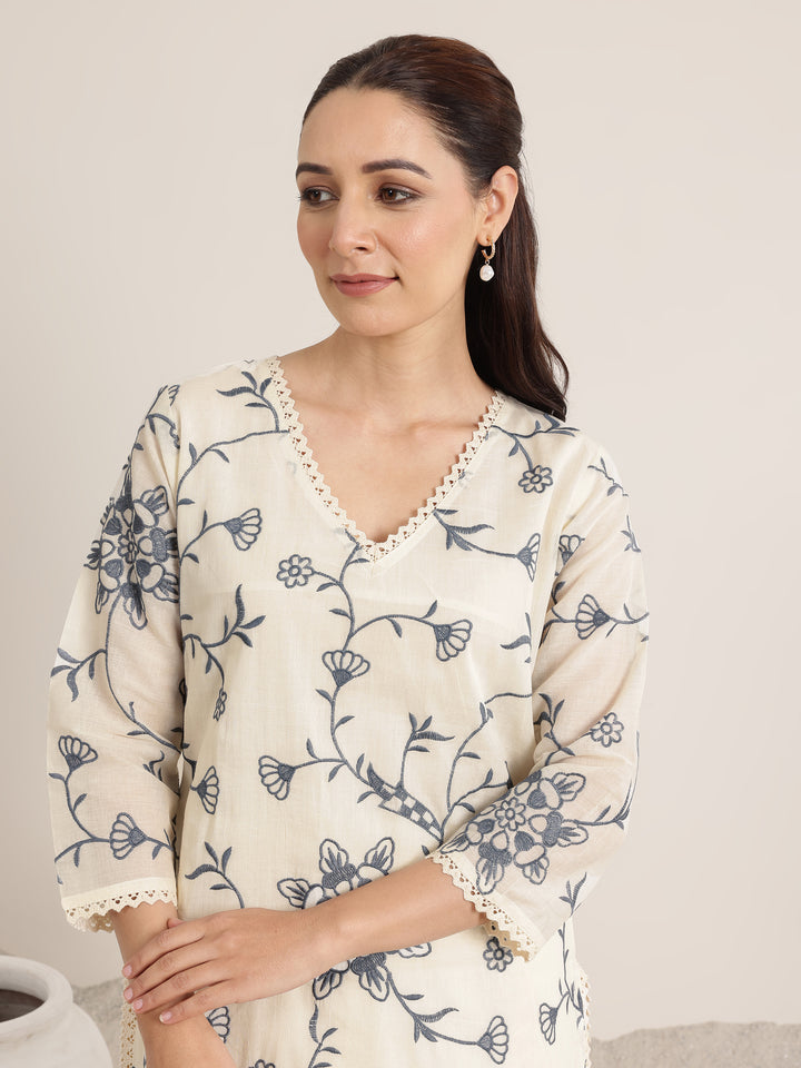 Off White Embroidered Cotton Straight Suit Set With Dupatta