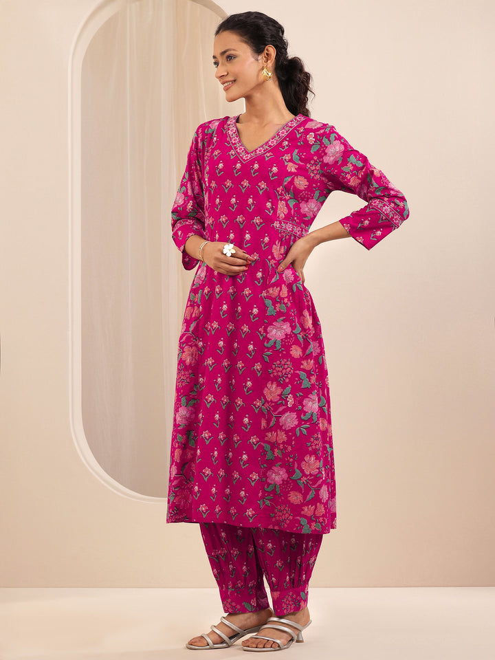 Pink Printed Cotton A-line Suit Sets With Dupatta