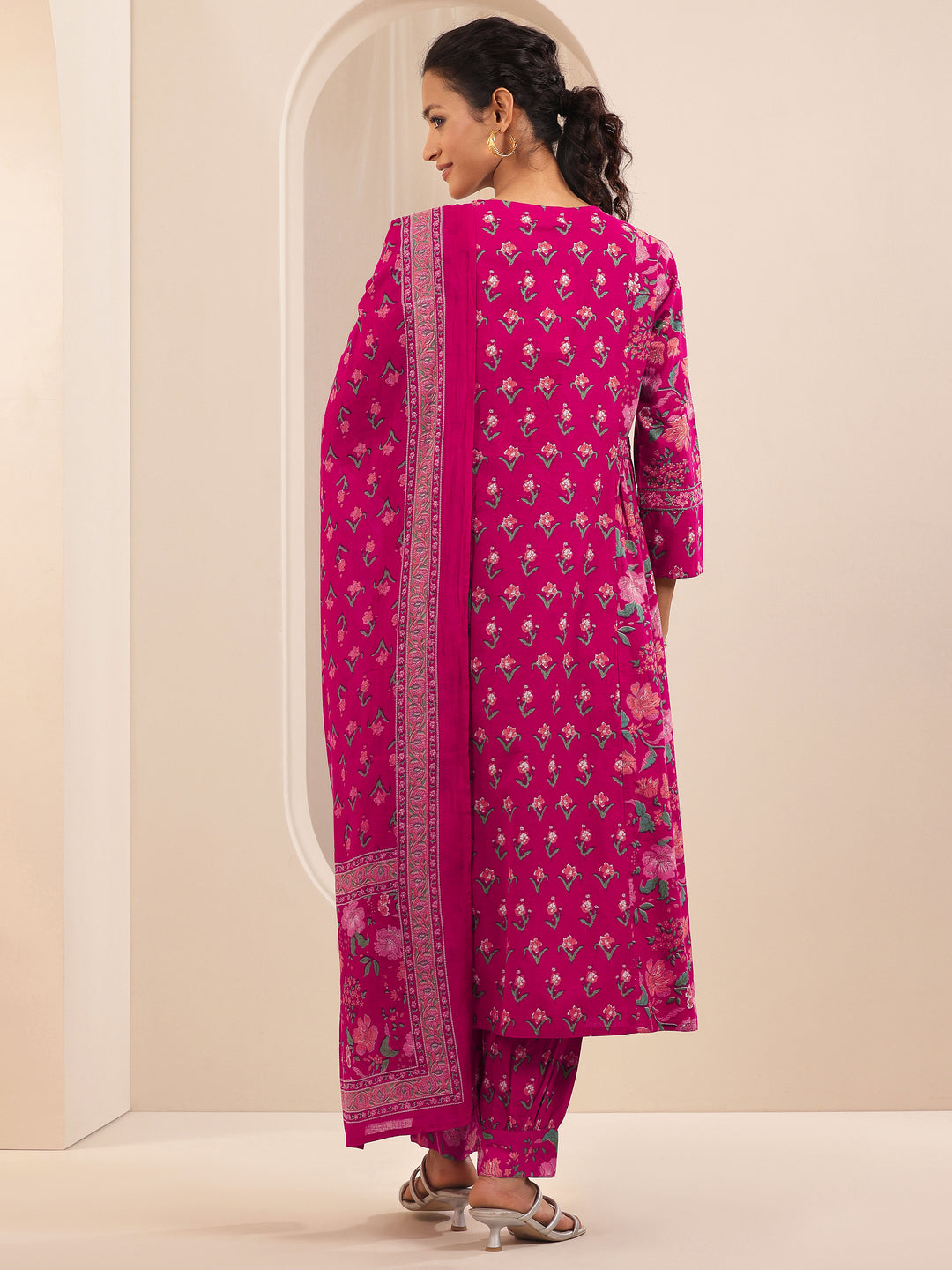 Pink Printed Cotton A-line Suit Sets With Dupatta