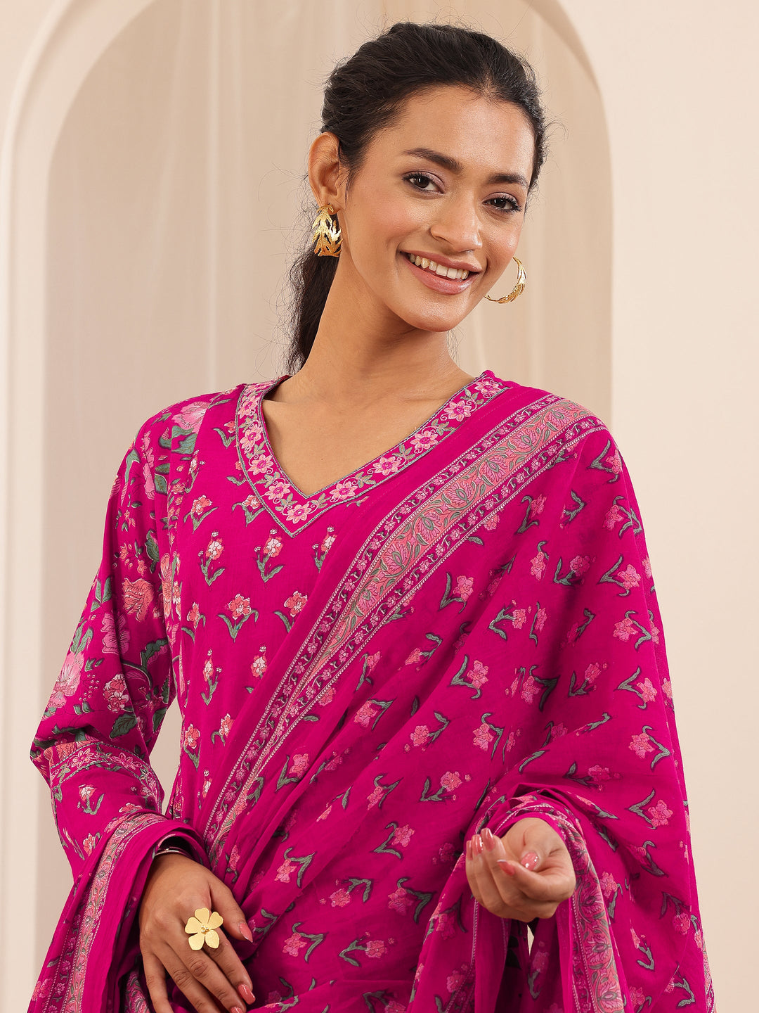 Pink Printed Cotton A-line Suit Sets With Dupatta