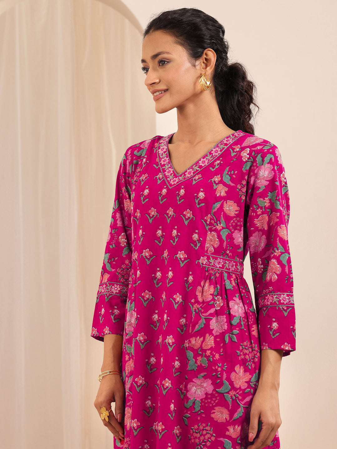 Pink Printed Cotton A-line Suit Sets With Dupatta