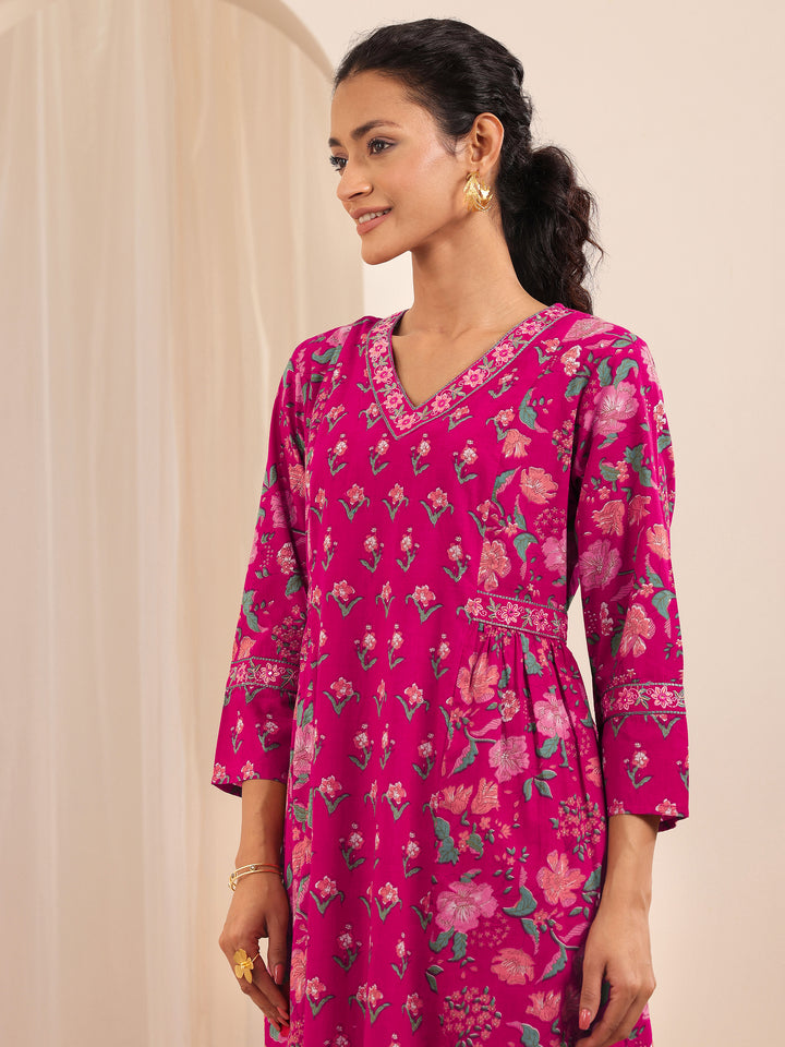 Pink Printed Cotton A-line Suit Sets With Dupatta