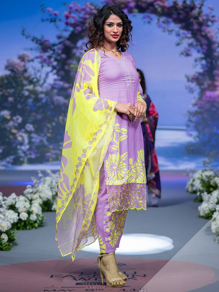 Lavender Printed Cotton Straight Suits With Dupatta