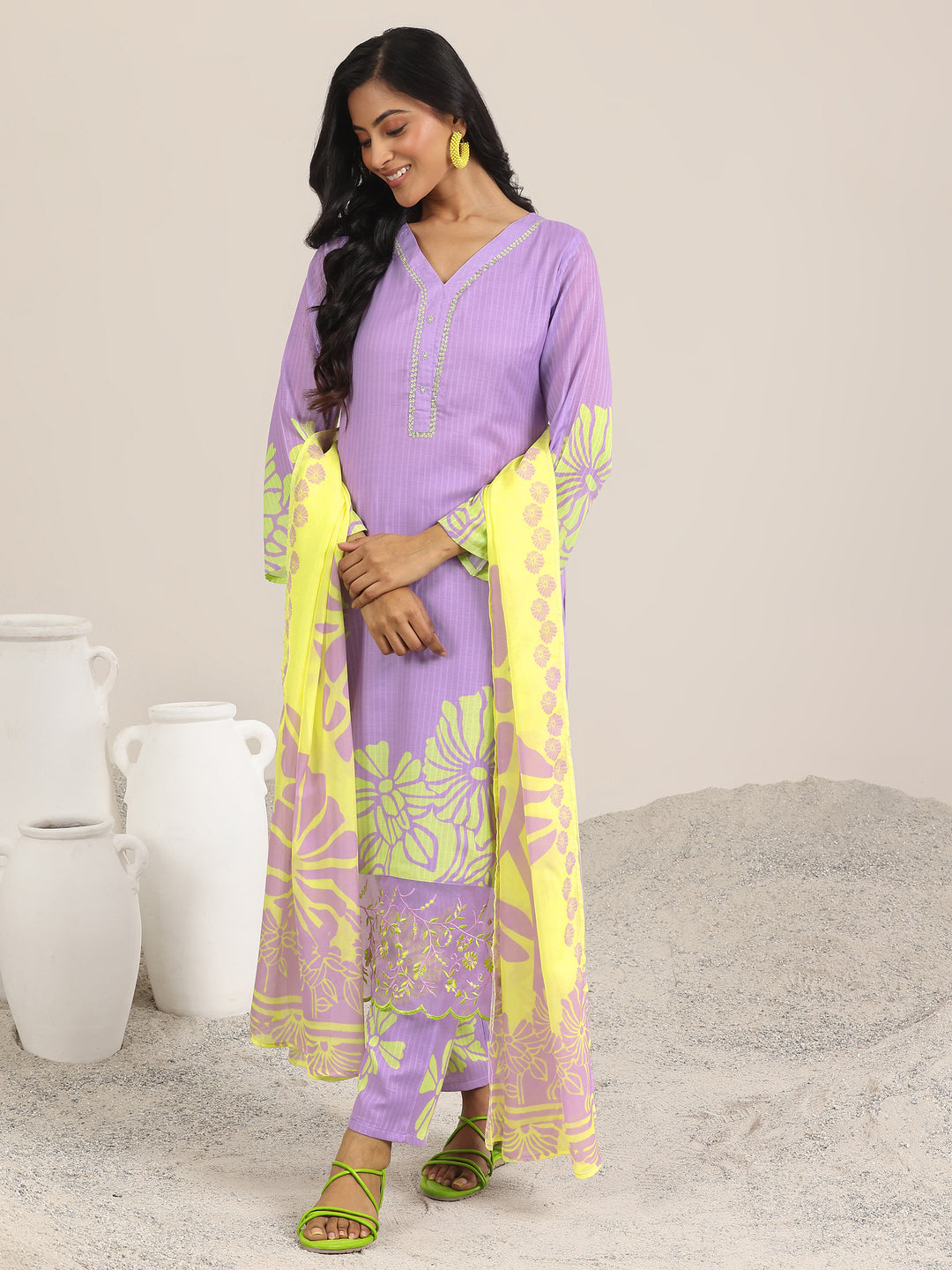 Lavender Printed Cotton Straight Suits With Dupatta