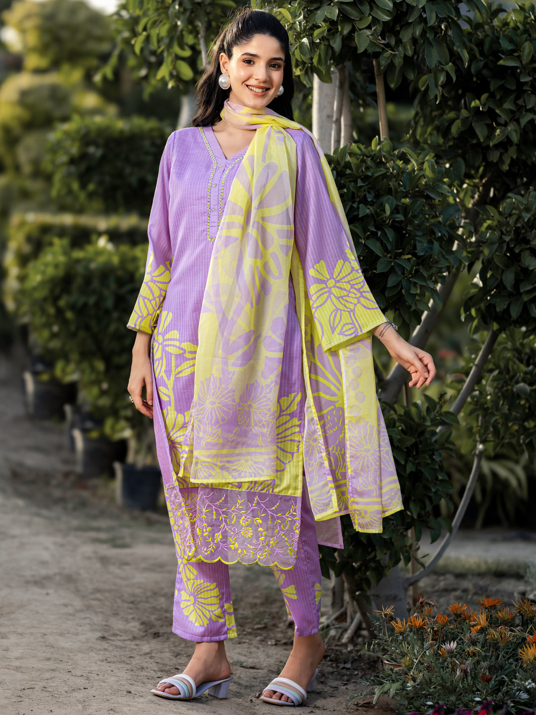 Lavender Printed Cotton Straight Suits With Dupatta