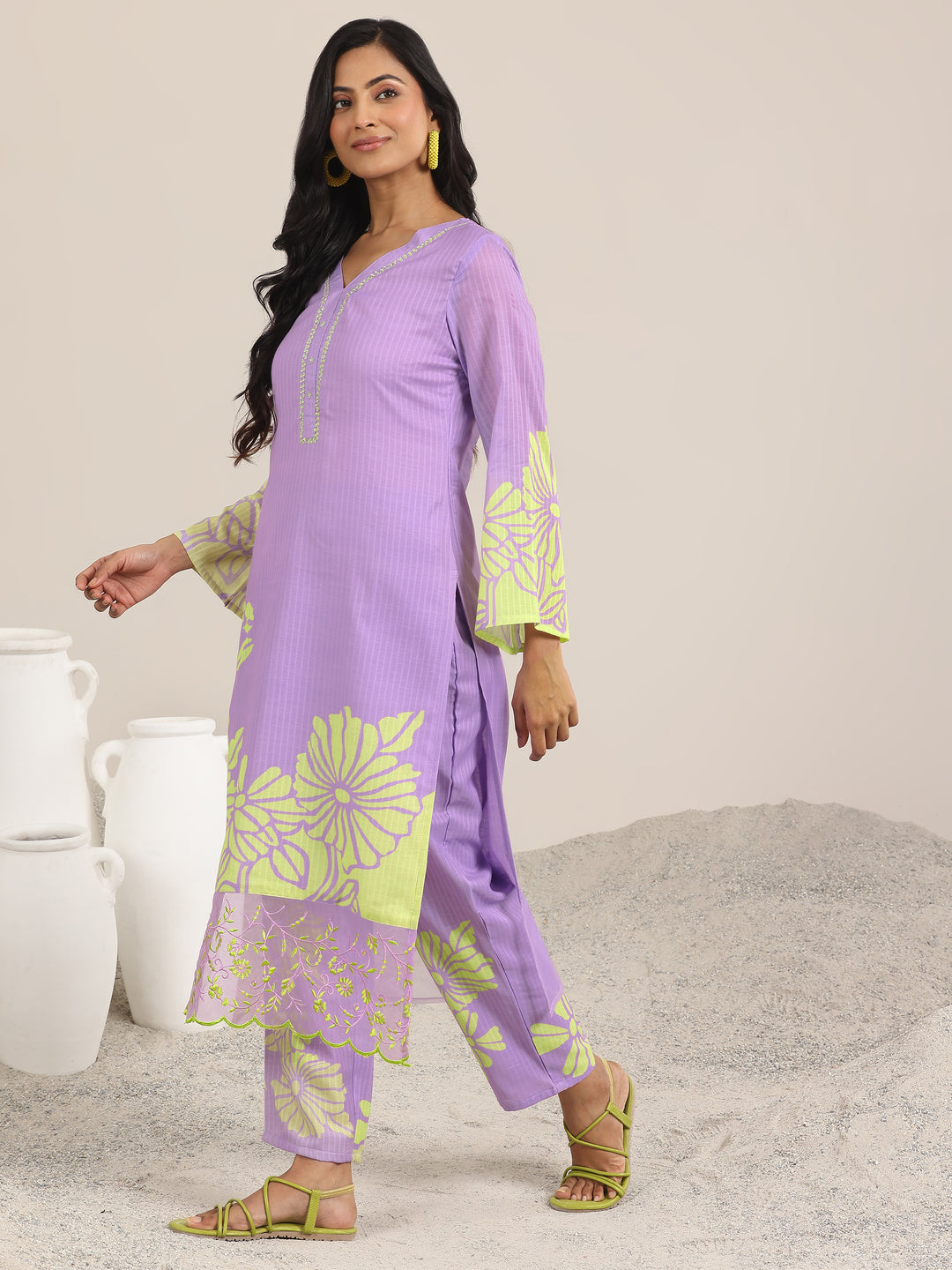Lavender Printed Cotton Straight Suits With Dupatta