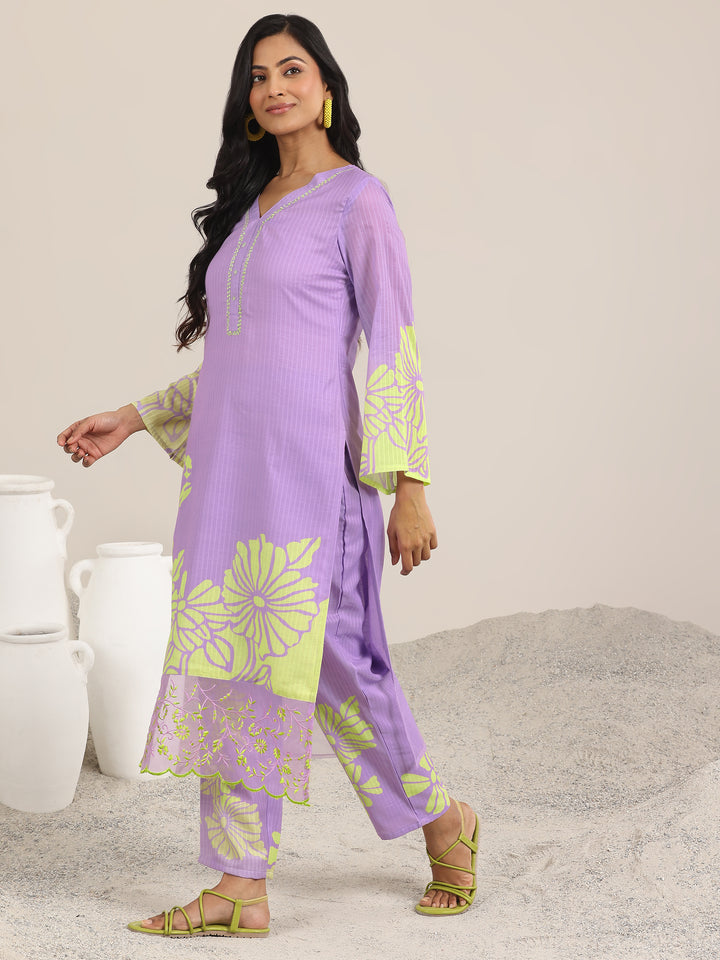 Lavender Printed Cotton Straight Suits With Dupatta