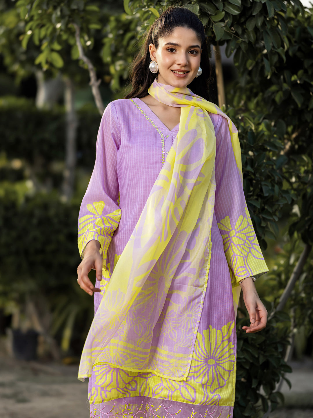 Lavender Printed Cotton Straight Suits With Dupatta