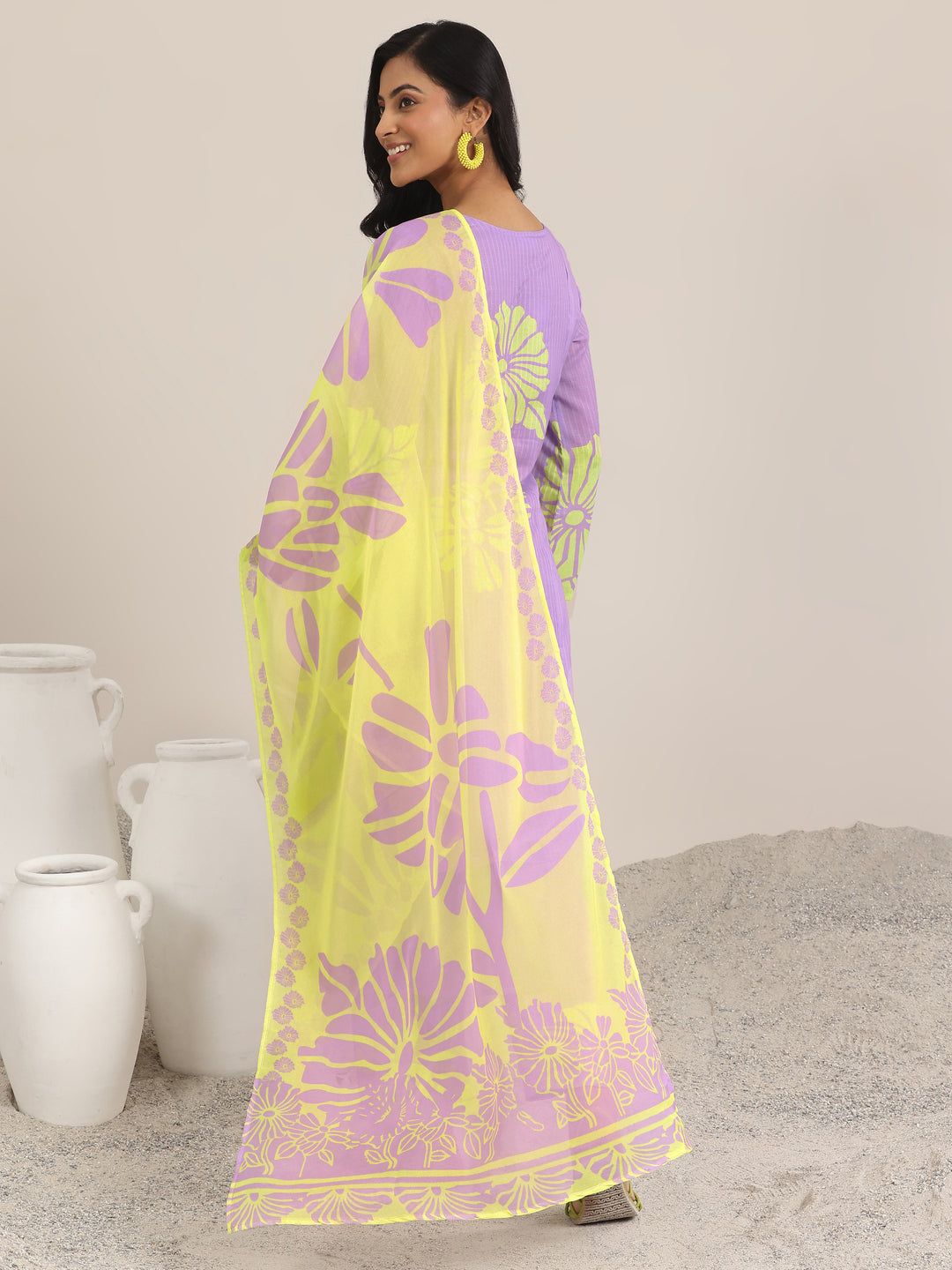 Lavender Printed Cotton Straight Suits With Dupatta