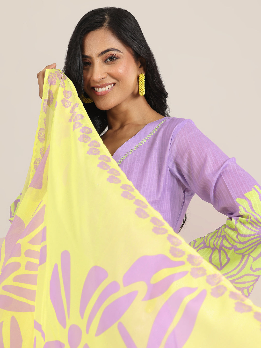 Lavender Printed Cotton Straight Suits With Dupatta