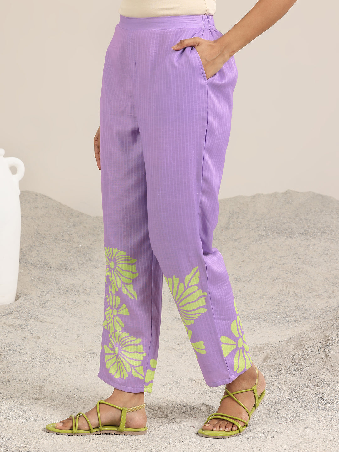Lavender Printed Cotton Straight Suits With Dupatta