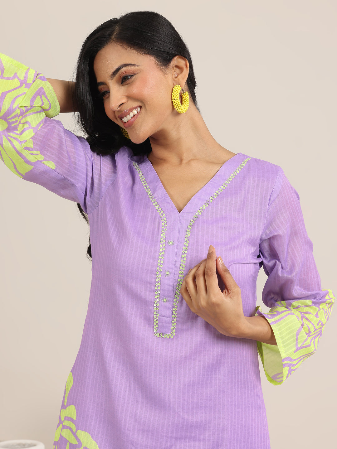 Lavender Printed Cotton Straight Suits With Dupatta