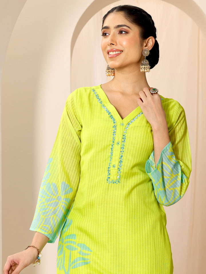 Green Printed Cotton Straight Suit Set With Dupatta