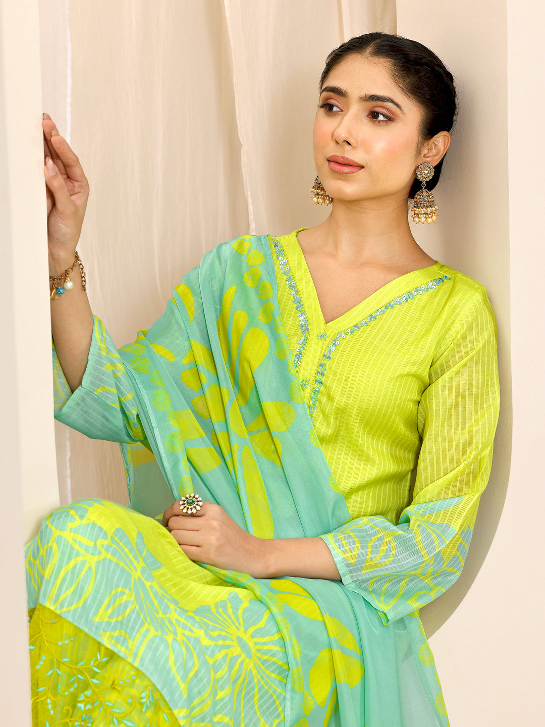 Green Printed Cotton Straight Suit Set With Dupatta