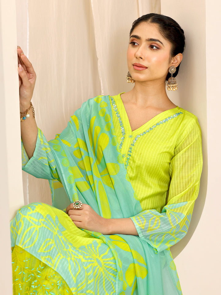 Green Printed Cotton Straight Suit Set With Dupatta