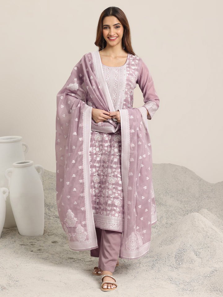Mauve Woven Design Chanderi Silk Straight  Suits With Dupatta