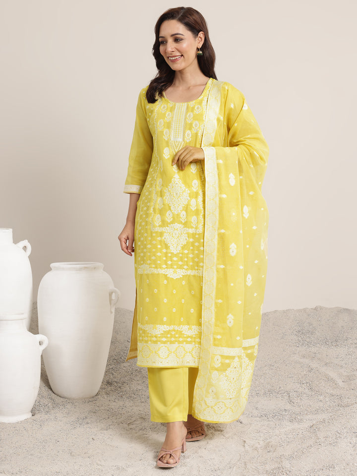 Yellow Woven Design Chanderi Silk Straight Suit Set With Dupatta