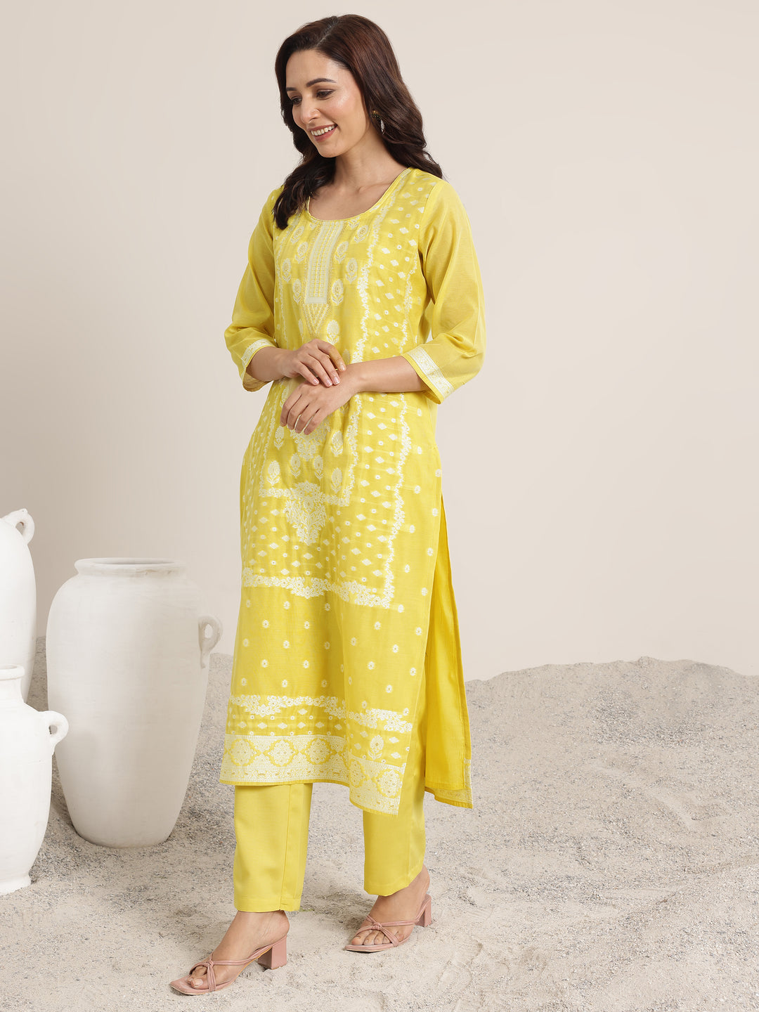 Yellow Woven Design Chanderi Silk Straight Suit Set With Dupatta