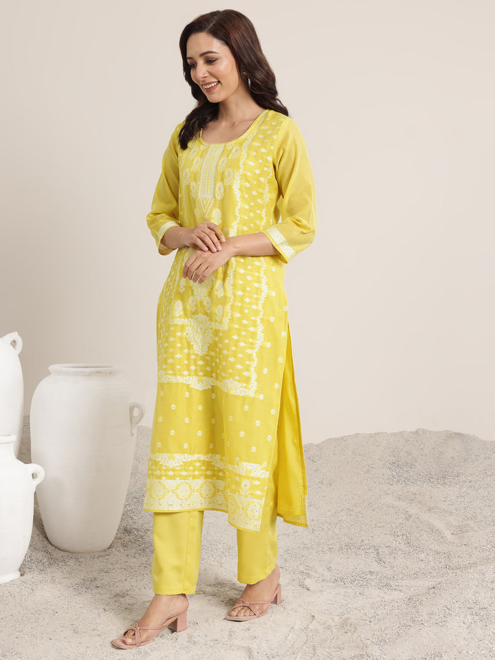 Yellow Woven Design Chanderi Silk Straight Suit Set With Dupatta