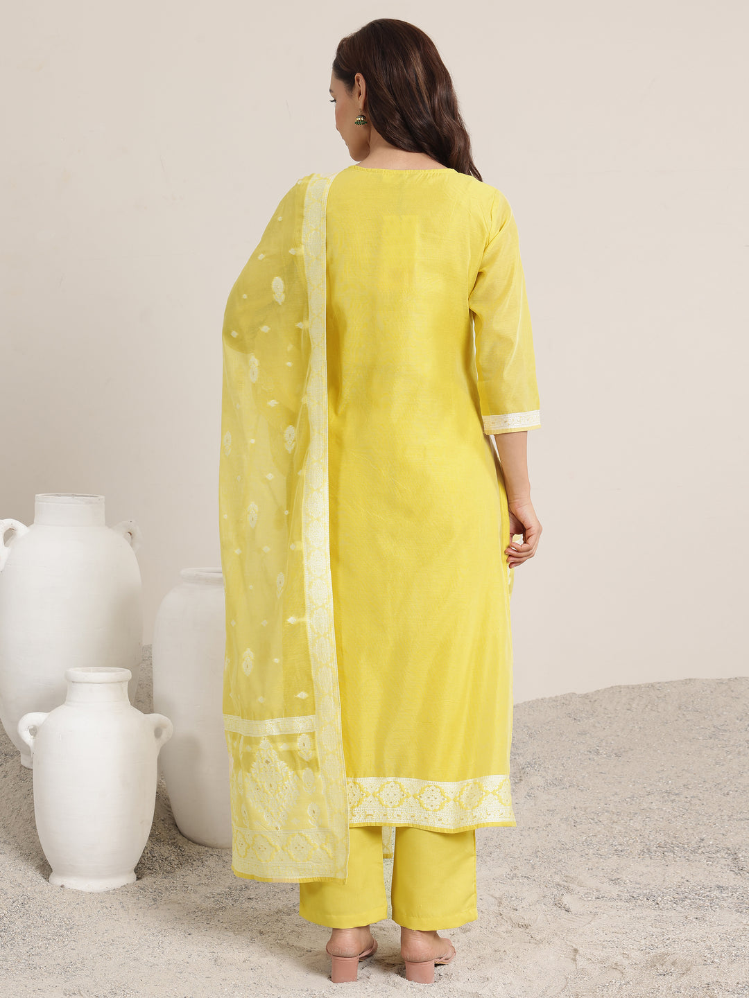 Yellow Woven Design Chanderi Silk Straight Suit Set With Dupatta