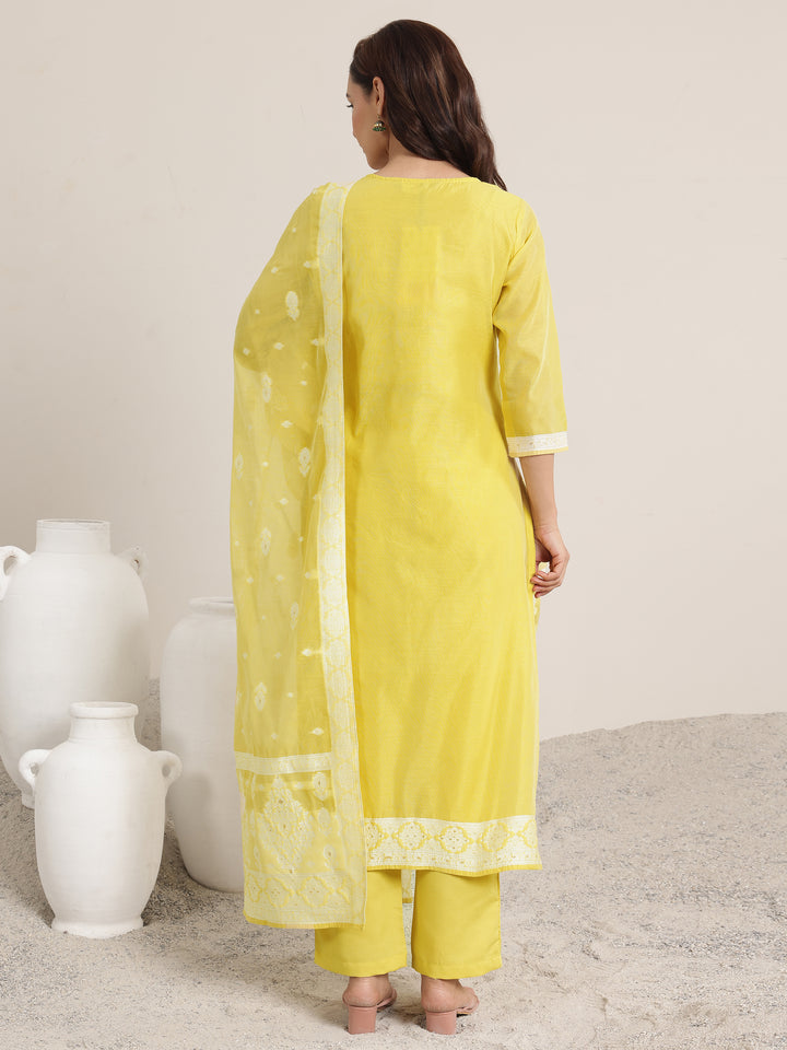 Yellow Woven Design Chanderi Silk Straight Suit Set With Dupatta